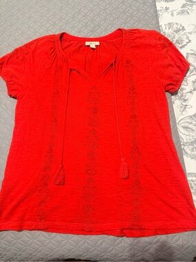 Style & Co. Red Tassel Tie-Neck Embroidered Top